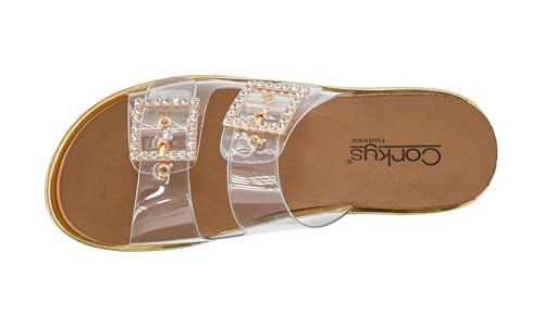 Corkys Footwear Women's Twinsie 2.5-Inch Wedge - Featuring Plush EVA Insoles For All Day Comfort, Rhinestone Buckles On The Straps, Gold Rand, And Slip-on Technology4