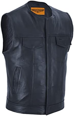 Club Vest SOA Men’s Motorcycle Leather Vest with Concealed Carry Pockets, Biker Vest Black