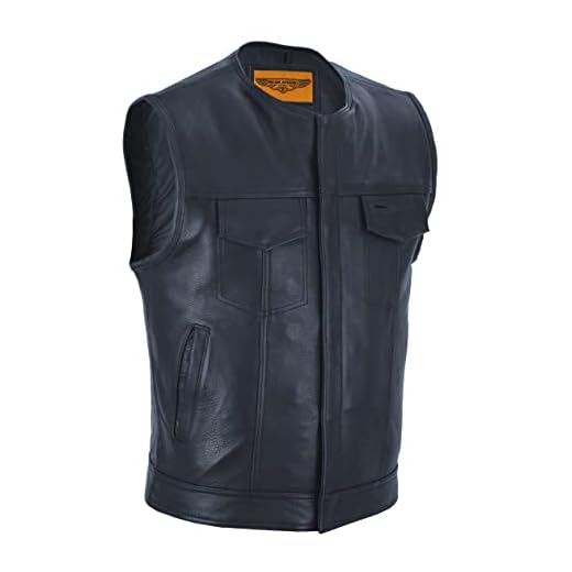 Club Vest SOA Men’s Motorcycle Leather Vest with Concealed Carry Pockets, Biker Vest Black
