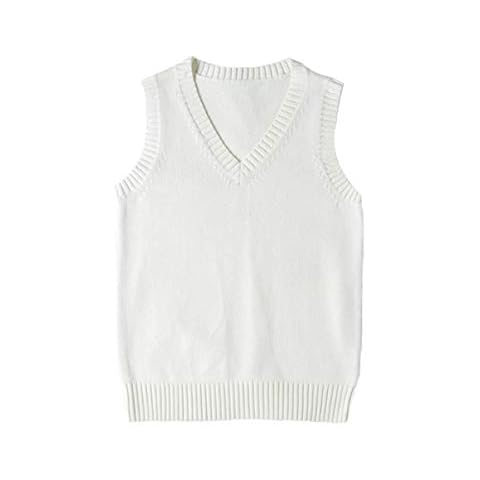 WOOKIT Women Girls Boys Sleeveless Jumpers, Unisex V-Neck Cotton Knitted Sweater Vests, 12 Colors Vintage Sweater Pullover for Autumn Spring Winter-White-L Cover