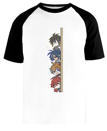 Newtee Genshin Impact Chibi Peeker Boy Band Attiva Maglietta da Baseball Bianca Unisex Manica Corta Nera