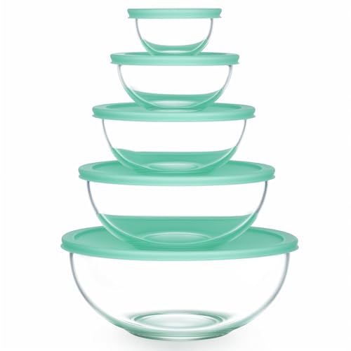 Vtopmart 5 Pack Glass Mixing Bowls with Plastic Lids Set (3.75/2.1/1.1/0.5/0.2 QT), Salad Bowl Set, Nesting Kitchen Bowls for Serving, Prepping, Cooking and Baking, Dishwasher & Microwavable Safe