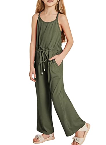 Yoklass Little Girls Solid Sling Jumpsuits Long Sleeveless Crew Neck Spaghetti Romper With Adjustment For Kid Girls Green Size 7-8 #TOP5