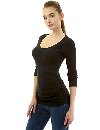 AmélieBoutik Women V Neck Raglan Long Sleeve Ruched Sides Top3