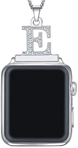 Callancity 2in1 Zircon Alphabet Letter A-Z Necklace Pendant Watch Connector Adapter Stainless Steel Box Chain Compatible for Apple Watch Series 8/7/6/5/4/3 42mm 44mm 45mm 49mm
