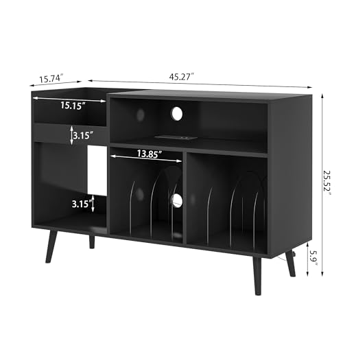 Record Player Stand with Charging Station & USB Ports, Mid-Century Turntable Stand Table Holds Up to 300 Albums, Vinyl Record Storage Cabinet with Wood Legs for Living Room Office (Black)