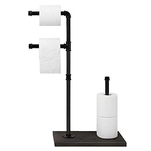 Toilet Paper Holder Stand Freestanding Paper Towel Holder Toilet Paper Roll Storage Dispenser with Iron Pipe& Wooden Base, for Washroom and Bathroom, Rustic Brown