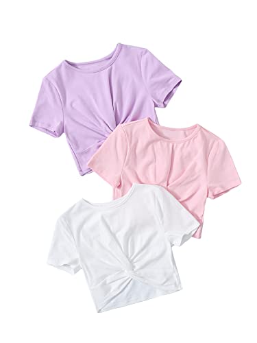 SHENHE Girl's 3 Piece Twist Front Short Sleeve Crewneck Cropped T Shirt Crop Tops