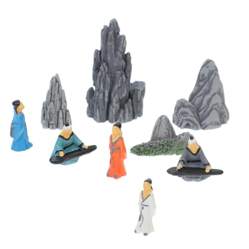 JOINPAYA 9 Pcs Miniature Zen Scholar Figurines with Resin Mountains, Traditional Chinese Zither Player Statues for Bonsai Decor, Micro Landscape Accessories for Terrariums, Fairy Garden