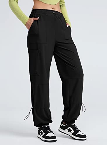 Allytok Parachute Pants For Women Baggy Drawstring Cargo Jogger Track Pants With Pockets Petite Girls Y2K Streetwear Trousers Black X-Small #TOP4