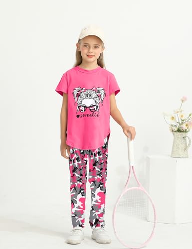Image of Girls Outfits Short Sleeve Irregular Tops + Camouflage Long Legging Outfits 2PCs Summer Pant Sets 6-14T