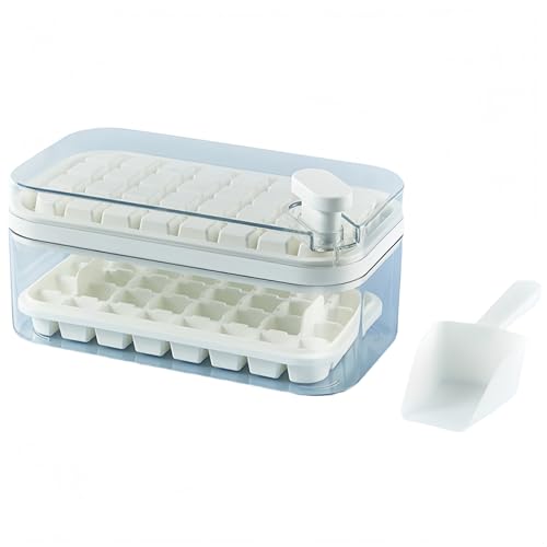 二層製氷皿、大容量、64コンパートメント、ワンタッチ製氷、省スペース蓋、耐久性、多目的、DIY、家庭用小型製氷機、ダストカバー付き、専用アイススクレーパー付き (ホワイト)