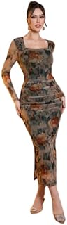 Women's Floral Print Long Sleeve Bodycon Midi Dress, Square Neck, Brown and Orange Pattern