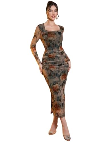 Women's Floral Print Long Sleeve Bodycon Midi Dress, Square ...