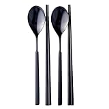 RAONNURI Stainless Steel Spoon and Chopsticks Set of 2 – Titanium-Coated Flatware, Rust-Resistant, Dishwasher Safe, Modern Design, Gift Idea for Wedding or Housewarming (All Black)