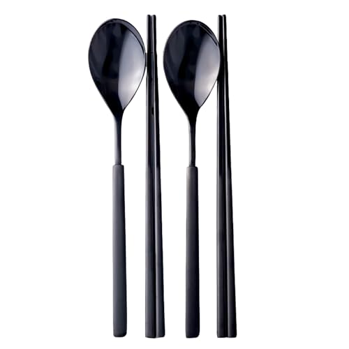 RAONNURI Stainless Steel Spoon and Chopsticks Set of 2 – Titanium-Coated Flatware, Rust-Resistant, Dishwasher Safe, Modern Design, Gift Idea for Wedding or Housewarming (All Black)