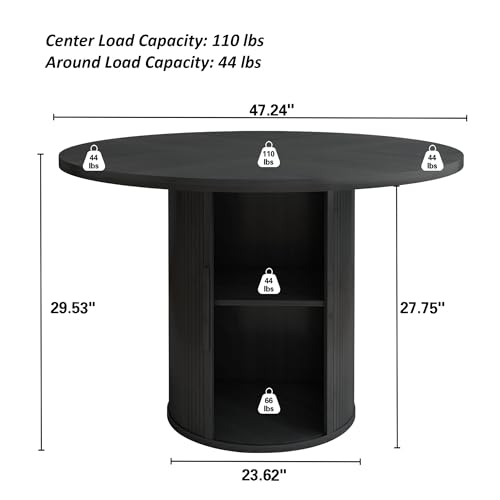 Image of weselon 47 inch Round Dining Table for 4, Kitchen Table Dinner Table with 2-Layer Storage Shelf and Wood Slide Door for Home Dining Room Living Room (Black)
