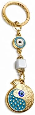 Nazar Boncuklu Turkuaz Nar Anahtarlık – Altın Renk Metal Şans Tılsımı | Çanta, Araba ve Anahtar İçin Dekoratif Aksesuar - Görsel 1