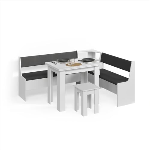 Livinity Conjunto con Banco esquinero Tiberio, Blanco, 180 x 150 cm con Mesa