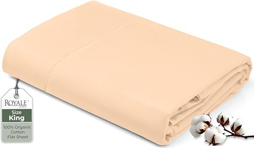 Image of Royale Linens 100% Organic Cotton King Flat Sheet Only - Super Soft - Percale Top Sheets - King Flat Sheet Sold Separately - Breathable, Cool & Crisp Sheets Only (105 inch x 102 inch, Sand)