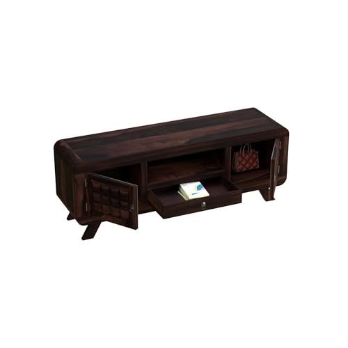 Image of Sheesham Wood Entertainment Tv Unit for Living Room | Free Standing Media Console Movable Tv Cabinet Sideboard | Tv Table Side Board with 2 Doors, 1 Drawer & Open Shelf Storage | Walnut