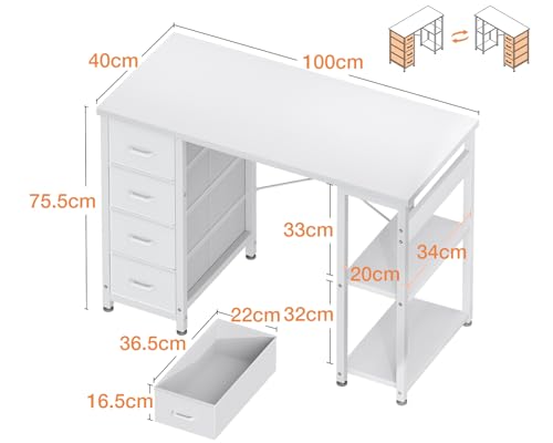 Bureau 100x40cm 4 tiroirs réversible, Coleshome