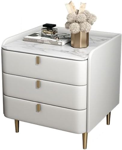 Mid Century Modern Nightstand Faux Leather Bedside Table with Marble Top 3 Drawer Wood Cabinet Stylish Black & White Bedroom Furniture 19.7" x 15.7" x 27.2"