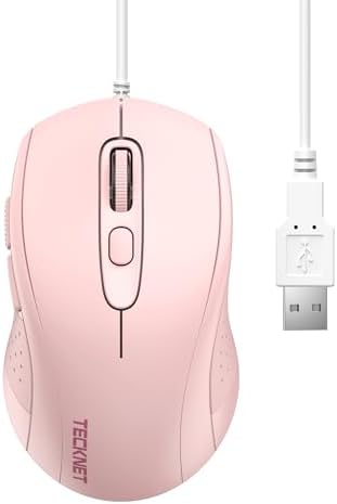 TECKNET USB Wired Mouse, 3600DPI Corded Computer Mouse with 4 Adjustable Levels, 6-Button 5FT Cord Ergonomic Mice, Home and Office Mouse for Laptop PC Desktop Notebook - Pink