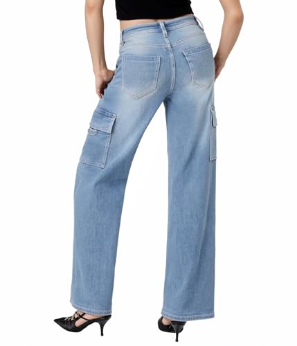 Hybrid & Company Women's Wide Leg Stretch Cargo Jeans, Casual Mid Rise Loose Denim Pants with Pockets3
