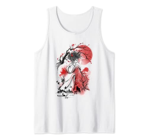 Japan Geisha Red Moon Cherry Peach Tree Blossom Débardeur