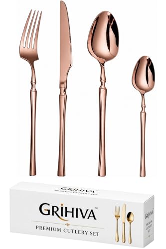 Image of 4 Pcs Rosegold Slim Handle Stainless Steel Cutlery Set for Dining Table with Spoon and Fork Set & Butterknife - The Perfect Tableware /Flatware