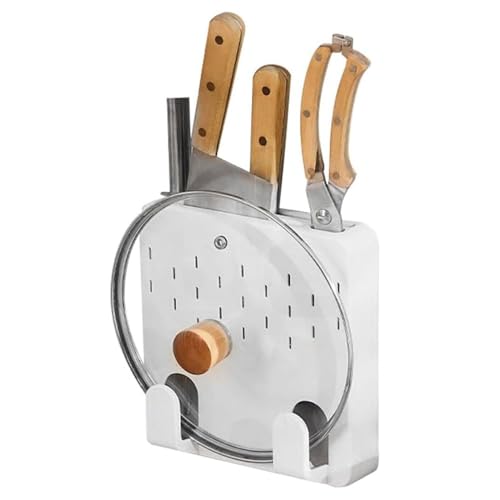 RUTREZOGO Wall Mounted Knife & Cutting Board Holder with Drain Tray – Multifunctional Pot Lid & Utensil Organizer, 5-Slot Space-Saving Rack for Kitchen Tools