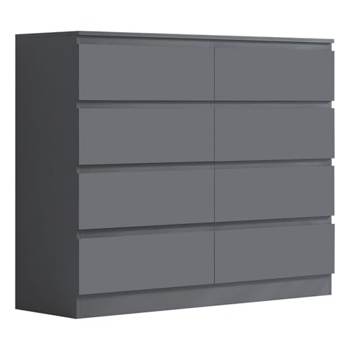 FWStyle Dark Grey XL 8 Drawer Chest. Modern Bedroom Furniture Chest of Drawers.Matt Dark Grey Finish - W110 x H99 x D40cm