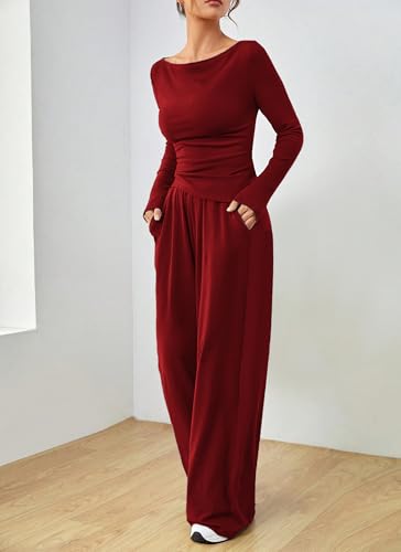 Women's Fall Two Piece Outfits Asymmetrical Long Sleeve T Shirt Wide Leg Pants Lounge Sets for Women Casual Tracksuit2