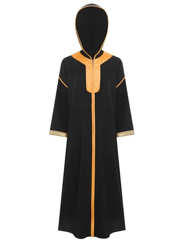 inlzdz Traje Musulmán con Capucha De Manga Larga para Niños Vestido árabe Túnica Islámica Traje De Vacaciones del Festival Negro 15-16 años