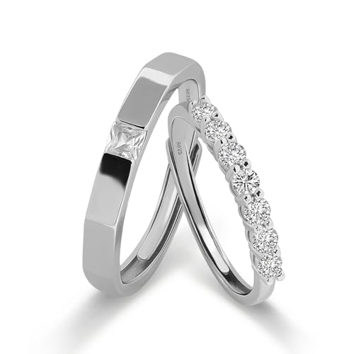 Meissa Engagement Rings for Women Couples Matching Sterling Silver Couple Rings Promise Rings for Him and Her Mens' Wedding Band Rings Diamond Rings Size Adjustable, Set of Two Rings