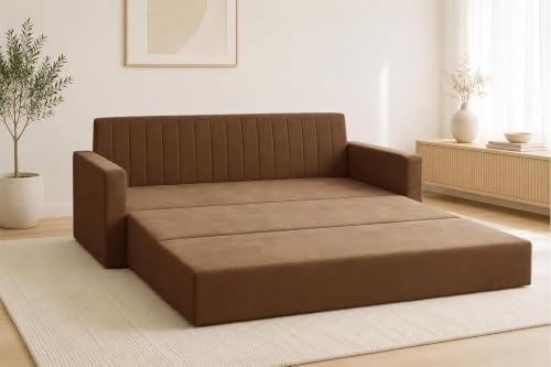 Image of Los Angeles Modern Velvet Three Seater Sofa Cum Bed with Armrest, Multipurpose Convertible Sleeper Couch Sofa for Living Room & Office - Brown Color