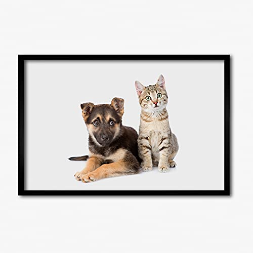Peinture chien et chat 60x40 cm avec cadre en bois MDF de qualité