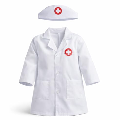 Blouse Blanche Enfant Déguisement docteur enfant Deguisement Medecin Costume Docteur Enfant Costume avec Chapeau de Médecin pour Garçon Fille Enfants de 3-6 Ans
