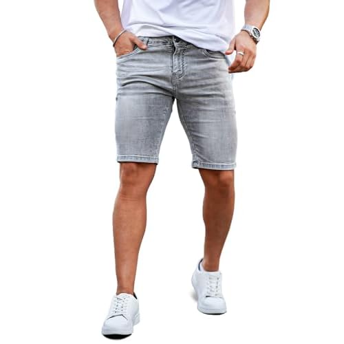 GINGTTO Men's Denim Shorts Slim Fit Stretch Short Jeans 28 Light Grey