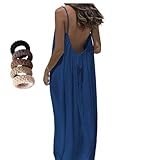 INLANDSIS Robe caraco dos nu pour femme, robe d'été décontractée à manches longues dos nu pour la plage bretelles spaghetti avec nœud dans le dos, bleu marine, M