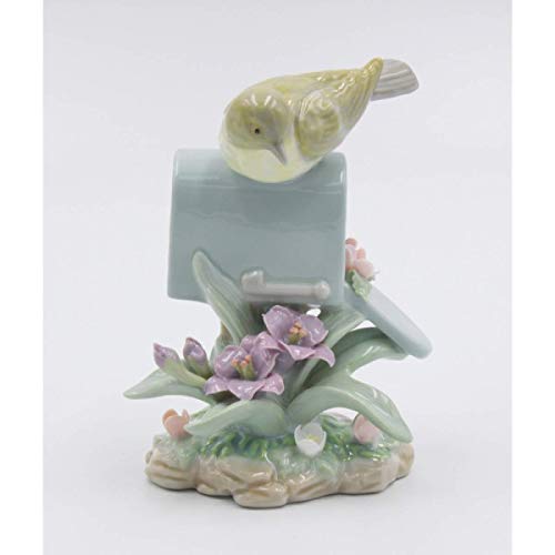 Cosmos Gifts 96304 Fine Elegant Porcelain Yellow Warbler Bird on Mailbox with Purple Violet Flowers Figurine, 5" H