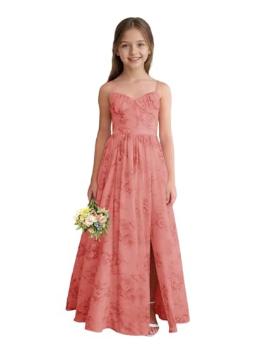Qgeno Floral Junior Bridesmaid Dresses Long Chiffon Watermelon Flower Girl