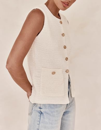 Image of Womens Sleeveless Sweater Vest Button Down Crew Neck Knit Casual Cardigan Tank with Pockets