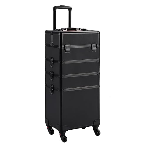 Yaheetech 4 in 1 Professional Makeup Train Case Aluminum Cosmetic Case Rolling Makeup Case Extra Large Trolley Makeup Travel Organizer, with 360° Swivel Wheels, Black