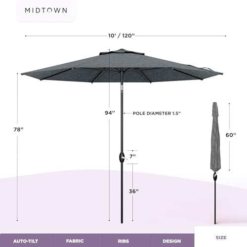 Image of Midtown Umbrellas - The Lean 10 Ft Patio Umbrella with 10-Year-No-Fade Acrylast Acrylic Fabric, Auto-Tilt and 8 Reinforced Ribs for Deck, Pool, Garden, Hotel & Cafes - Stonecast Grey Canopy, Black Pole