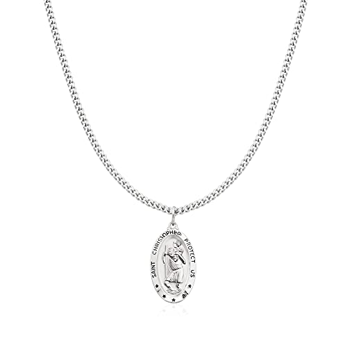 Ross-Simons Men's Sterling Silver Saint Christopher Oval Medal With Stainless Steel Chain. 24 inches2