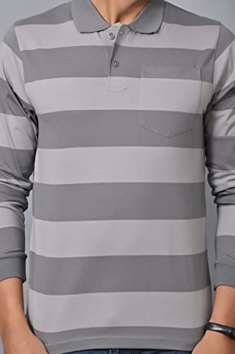 Image of ARBOUR Men Polo Neck Stripes Pocket Full Sleeves T-Shirt