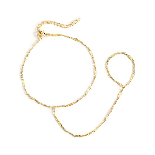RMMD Handkette Armband 14K Vergolate/Weißgold Zirkon Perlen Handkette Gold Damen Armband mit Ring Verbunden Boho Geschenke für Frauen Hand Chain Gold Bracelet Women Jewelry Modeschmuck, 18+5cm, Cobre