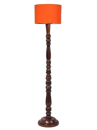 Image of Cotton Shade Floor Lamp with Wooden Base - Height 56 Inches, Orange | Modern Standing Lamp for Living Room, Bedroom, Office | Stylish & Decorative Home Lighting | Elegant Decor